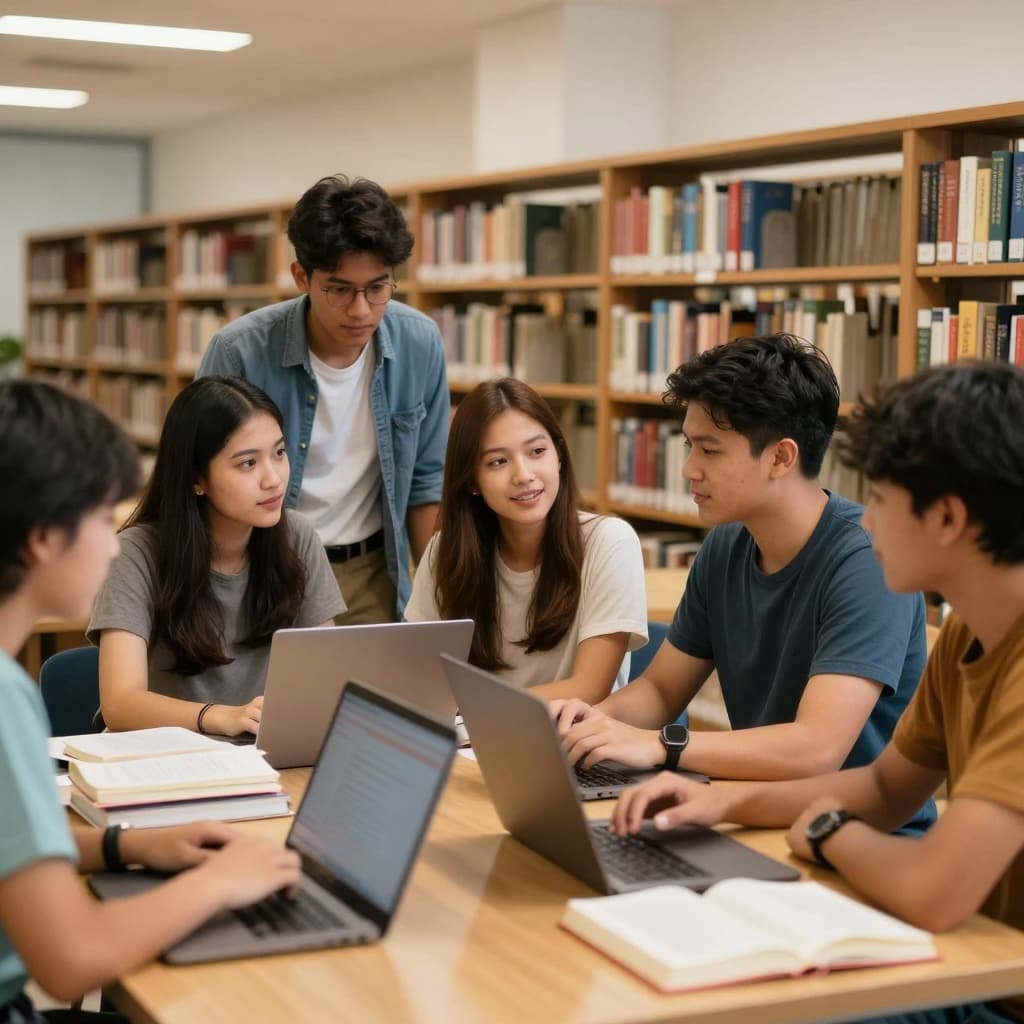 A diverse group of international students from the Philippines studying collaboratively in a modern university library abroad, with laptops open, books scattered, warm lighting, and a vibrant sense of community and achievement.