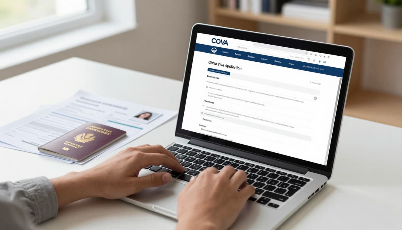 China Visa Application Form PDF Guide | COVA Online Process 2 A person at a modern home office desk uses a laptop to complete the online China Visa Application form on the COVA website, with passport, printed forms, itinerary, and photo nearby. Photorealistic scene with natural light, focused atmosphere, hands typing in foreground, and subtle bookshelves in background.