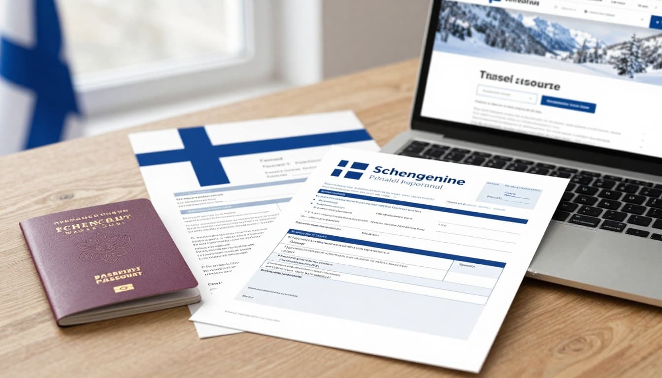 A clean, professional scene showing a printed Finland Schengen visa application form on a wooden desk next to a passport, travel insurance document, and a laptop displaying the official visa website. Soft natural light illuminates the setup with a subtle Finnish flag and snowy landscape in the background.