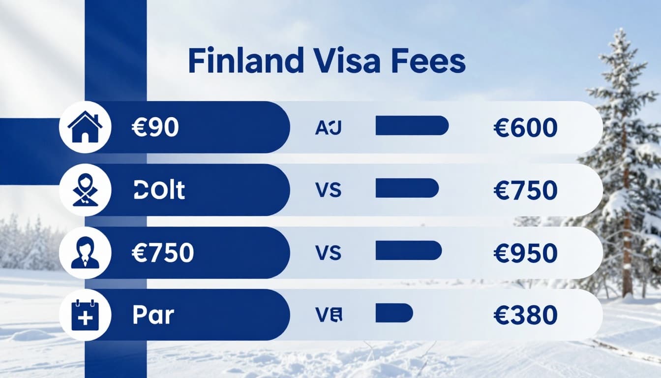 A detailed infographic chart comparing Finland visa fees for 2026, including Schengen visa for adults at €90, student residence permits online €600 vs paper €750, work permits online €750 vs paper €950, and permanent permits at €380 online. Features clean modern design with blue and white colors, icons, bars for comparison, and snowy Finnish landscape background.
