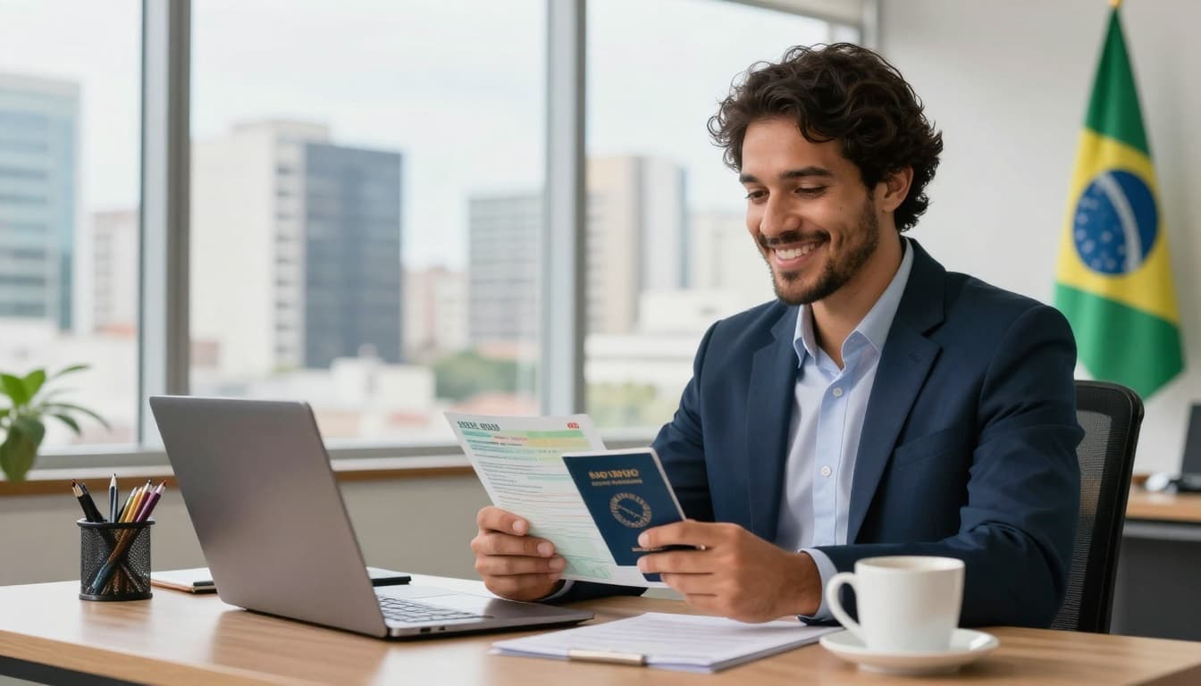 A professional foreign worker at a desk in a modern Brazilian office in Sao Paulo, holding passport and visa documents, with the city skyline through large windows.