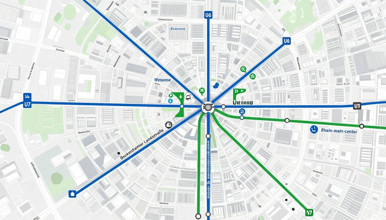 China Visa Application Center Frankfurt | CVASC Frankfurt 3 Detailed city map of central Frankfurt illustrating U-Bahn U6 and U7 lines from the city center to Westend station, marking the Feuerbachstraße exit and walking path to Bockenheimer Landstraße 51-53 Rhein-Main-Center, in a clean infographic style with color-coded lines and icons.