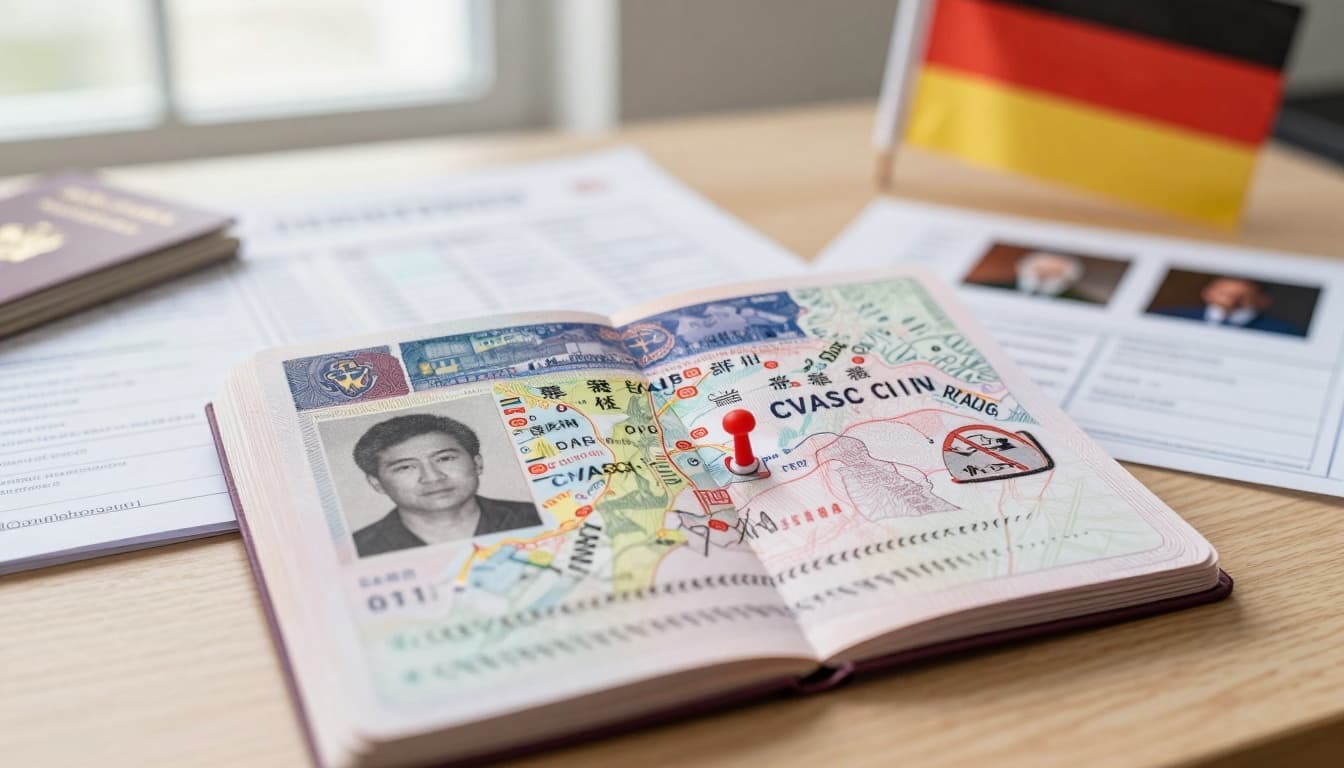 Close-up of an open German passport showing a fresh red China visa stamp next to a colorful Munich map highlighting the CVASC location with a red pin, on a light wooden desk with travel papers.