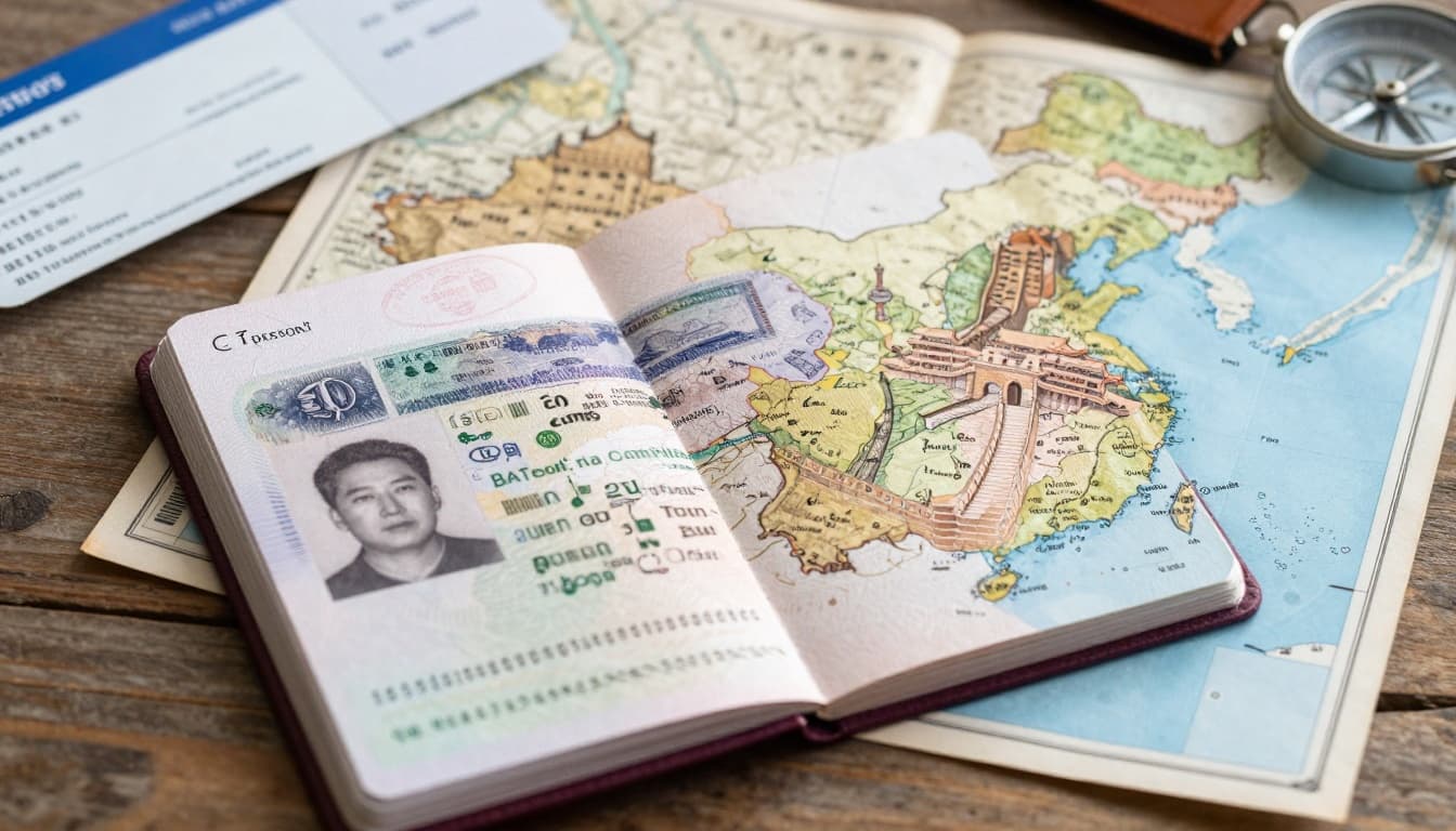 A realistic close-up of an open German passport showing a fresh China visa stamp, beside an antique-style map of China highlighting Beijing, Great Wall, and Shanghai, on a rustic wooden table with travel accessories.