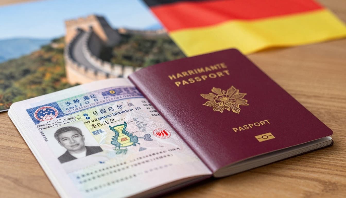 Close-up of an open German passport on a wooden table next to a Chinese visa stamp, with blurred Great Wall of China and German flag in the background, realistic photography style.