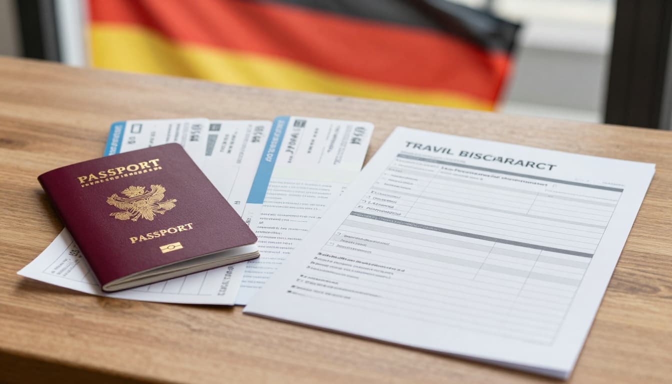A photorealistic scene of a wooden table with neatly arranged open passport, travel insurance documents, flight tickets, bank statements, and checklist for German visa application, subtle German flag in sunny background.