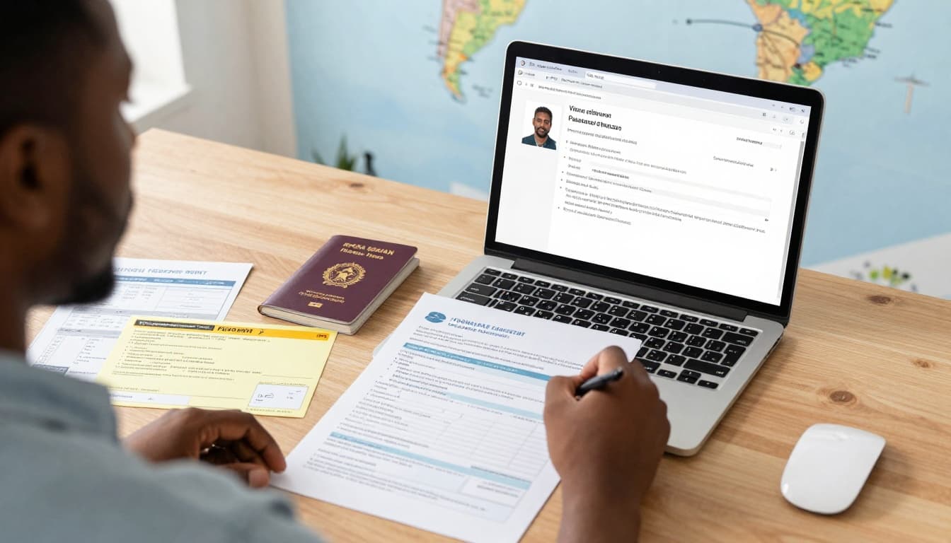 Brazil Visa Application Form for Ghanaians 2026 Guide 2 A professional Ghanaian traveler at a home office desk fills out the Brazil visa application on a laptop, surrounded by key documents including an open passport, yellow fever certificate, flight itinerary, hotel booking, and bank statement.