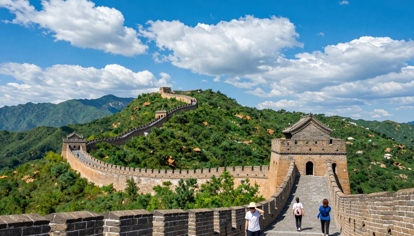 Vibrant landscape of the Great Wall of China snaking across green hills under a bright blue sky with fluffy clouds, featuring stone walls, hikers, and distant rolling mountains in realistic photography style.