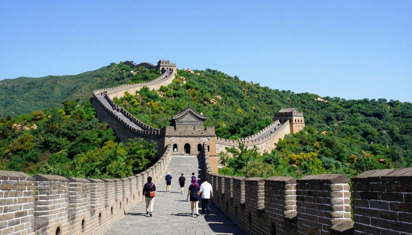 Visa to China from USA: Guide to Types, Fees, Steps 5 A majestic view of the Great Wall of China winding through green hills under a clear blue sky, tourists walking on the ancient stone path in the foreground, vibrant sunlight casting soft shadows.
