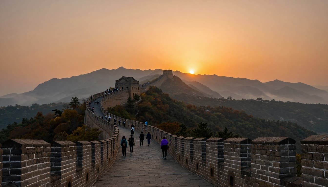 China Visa Application Form Online Apply Guide | COVA for US 7 Scenic landscape view of the Great Wall of China at sunset with tourists walking along the ancient stone path, misty mountains in the distance, and a vibrant orange sky. Epic wide-angle digital art blended with photography captures serene adventure and travel excitement, no people in foreground.