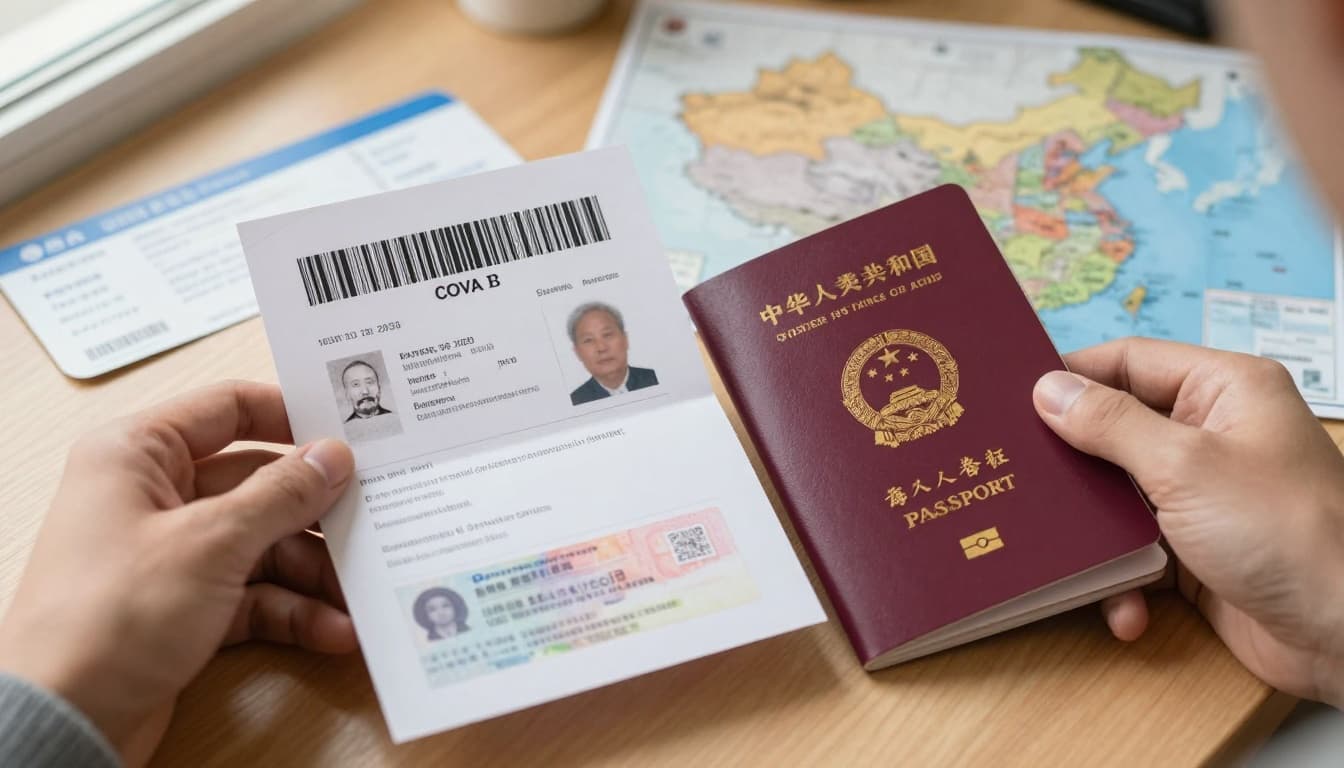 Application Form for Visa to China (COVA) Guide, Docs, Fees 2 A person's hand holds a freshly printed COVA visa application confirmation page with barcode beside an open passport displaying a vibrant Chinese visa stamp on a wooden desk cluttered with travel items like a plane ticket and China map under soft natural light.