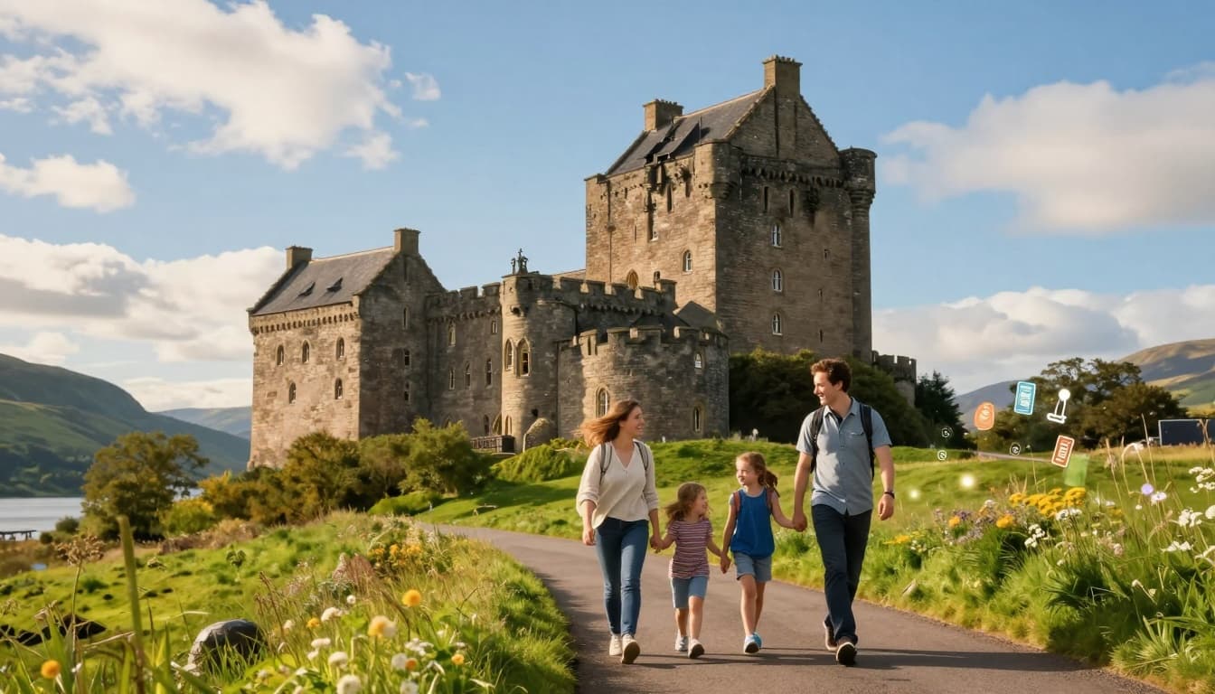 A joyful family of four walks hand in hand along a green path before a majestic ancient Irish castle, surrounded by rolling hills, wildflowers, and subtle glowing passport icons symbolizing travel under golden hour light.