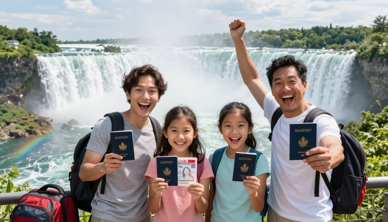 A happy multigenerational family of four with diverse ethnicities stands triumphantly in front of Niagara Falls on a sunny summer day, holding open passports with fresh Canadian visitor visa stamps, smiling with excitement.