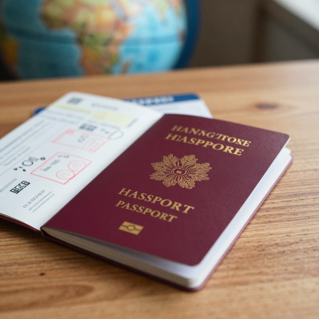 A close-up of a Hong Kong SAR passport open on a wooden table next to travel documents like boarding pass, with visible stamps and a softly blurred globe in the background.