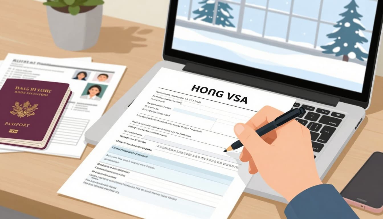 Close-up of someone filling a Hong Kong visa application form on a laptop at a desk, surrounded by passport, photos, and itinerary printouts in a home office with a snowy window view.