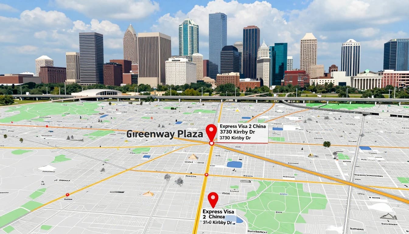 China Visa Services in Houston Texas | Fast, Trusted Help 2 Realistic landscape map of central Houston, Texas, featuring Kirby Drive and Greenway Plaza with red pins marking China visa service locations like Express Visa 2 China at 3730 Kirby Dr, major roads, skyline, and professional cartographic style.
