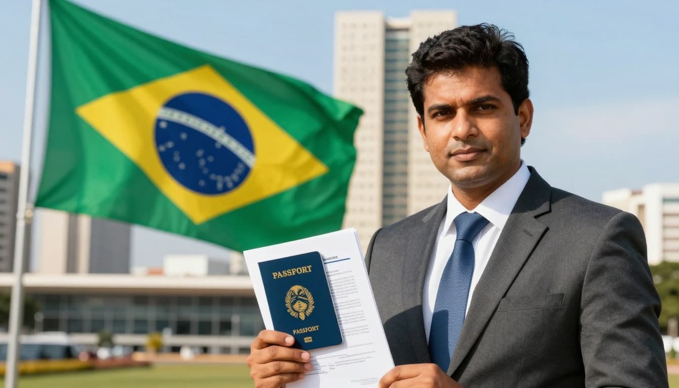 Brazil Work Permit for Indian Citizens | VITEM V Process 5 A professional Indian man in business attire holds a passport and work contract documents in front of the Brazilian flag and modern embassy building on a sunny day.