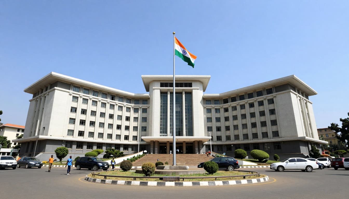 A realistic daytime photograph of the Indian Embassy building in Addis Ababa, Ethiopia, featuring modern architecture, the Indian flag in the foreground, and a busy street with people and cars under a clear blue sky.