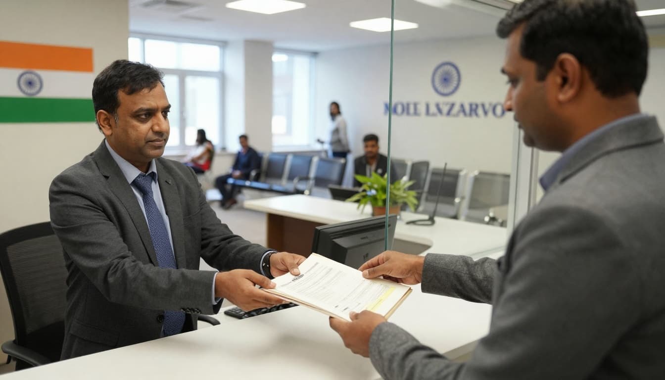Passport Renewal Belgium India: Step-by-Step Guide 2 A middle-aged Indian man hands documents including a passport to an embassy official behind a glass counter in the Indian embassy in Brussels, Belgium, amid a busy waiting area.