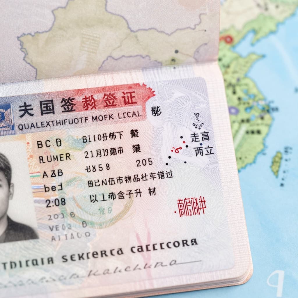 Close-up of an Indian passport page displaying a red Chinese single-entry tourist visa sticker with validity dates and Chinese characters, set against a subtle blurred map of China.