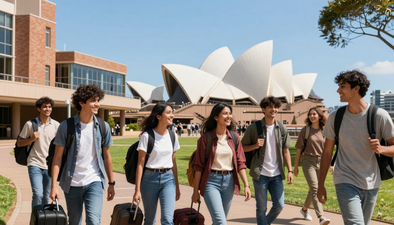 Student Visa India to Australia 2026 Level 3 Guide 5 A vibrant scene of young Indian students arriving at a modern Australian university campus in Sydney, with the Sydney Opera House in the background under a clear blue sky. They carry backpacks and suitcases, smiling excitedly.