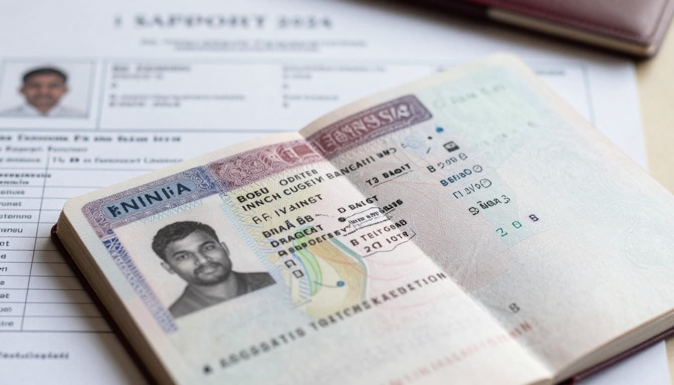 Close-up realistic photo of an open passport showing an Indian tourist visa stamp, surrounded by application documents like photos, forms, and itinerary on a table with natural lighting.