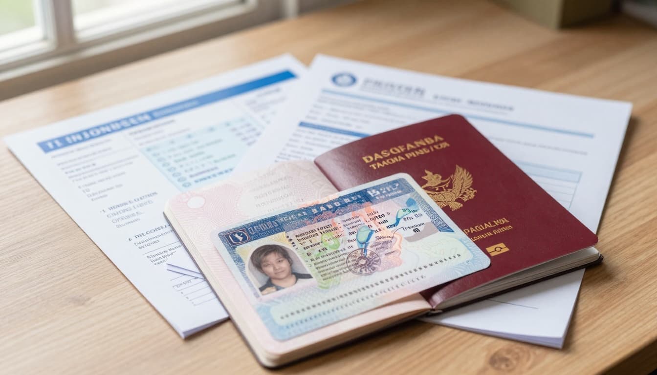 Visa to China for Indonesian: Types + 240-Hour Transit 3 A detailed realistic image of an Indonesian passport open on a table showing a China tourist visa sticker inside, next to a stack of application documents like flight tickets, hotel bookings, and a visa application form. Soft natural lighting from a window, wooden table background, professional and organized composition.