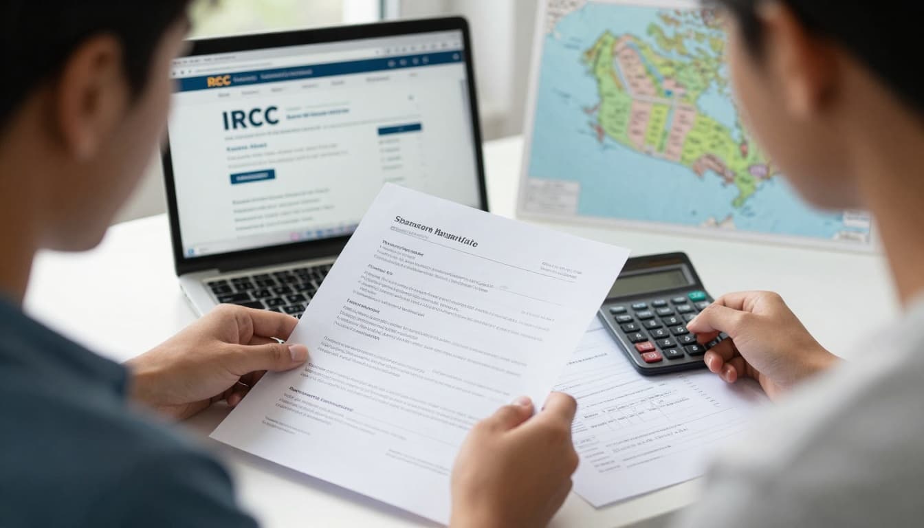 A realistic photorealistic image of an international student at a desk sorting bank statements, tuition receipts, sponsor letters, and using a calculator for expenses, with a laptop displaying the IRCC website and a Canada map in the background under soft natural light.