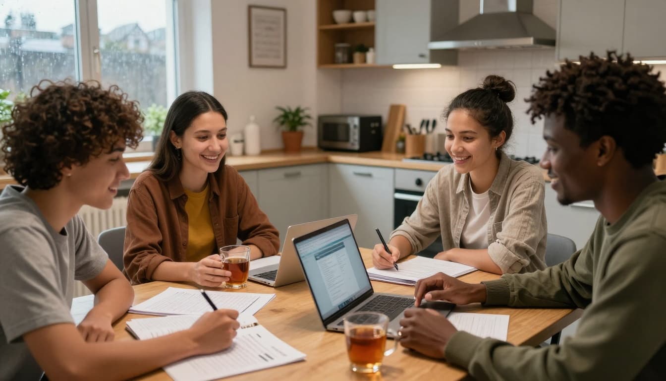 Diverse international students collaboratively budgeting and planning their studies at a table in a cozy UK student accommodation kitchen, one checking laptop for fees, another noting living costs on paper, smiling with cups of tea amid warm light and rainy weather outside.