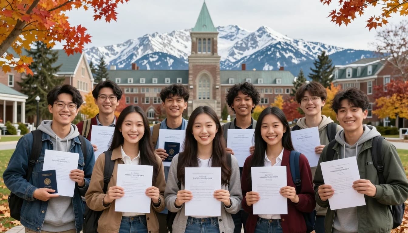 How to Apply for Study Permit Canada: Your Complete Guide 5 A diverse group of international students smiling and holding acceptance letters and passports in front of a scenic Canadian university campus with maple leaves and snowy mountains in the background.
