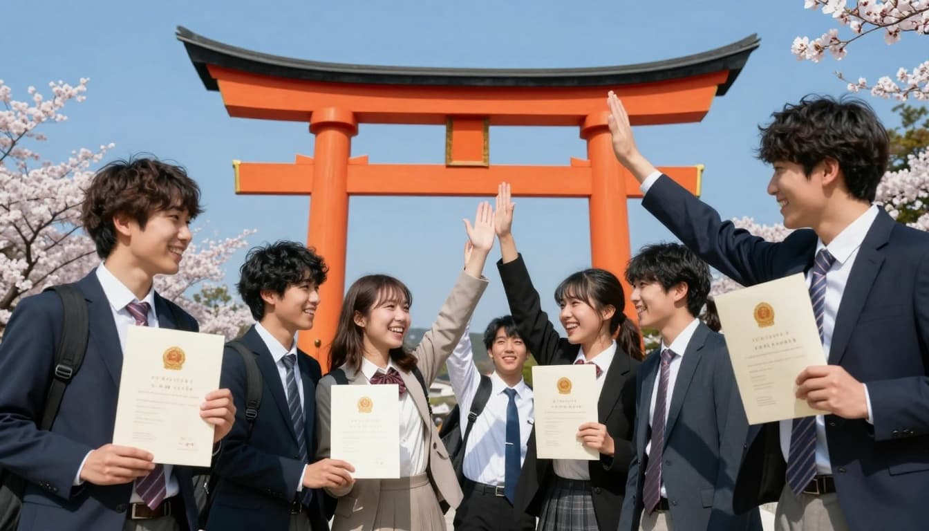 A joyful group of international students from diverse ethnicities celebrate their scholarship acceptance in Japan, holding letters, smiling, and high-fiving in front of an iconic torii gate under a blue sky with cherry blossoms nearby.