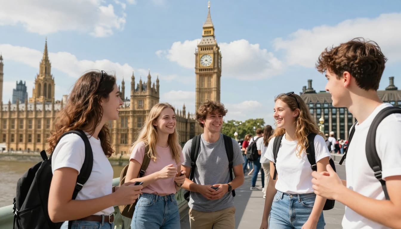 Summer Study Abroad Programs UK: 2-8 Week Programs 6 Group of young students from around the world smiling and interacting during a cultural excursion in London near Big Ben and Tower Bridge on a bright sunny summer day, capturing joy and friendship in a dynamic photorealistic landscape view.