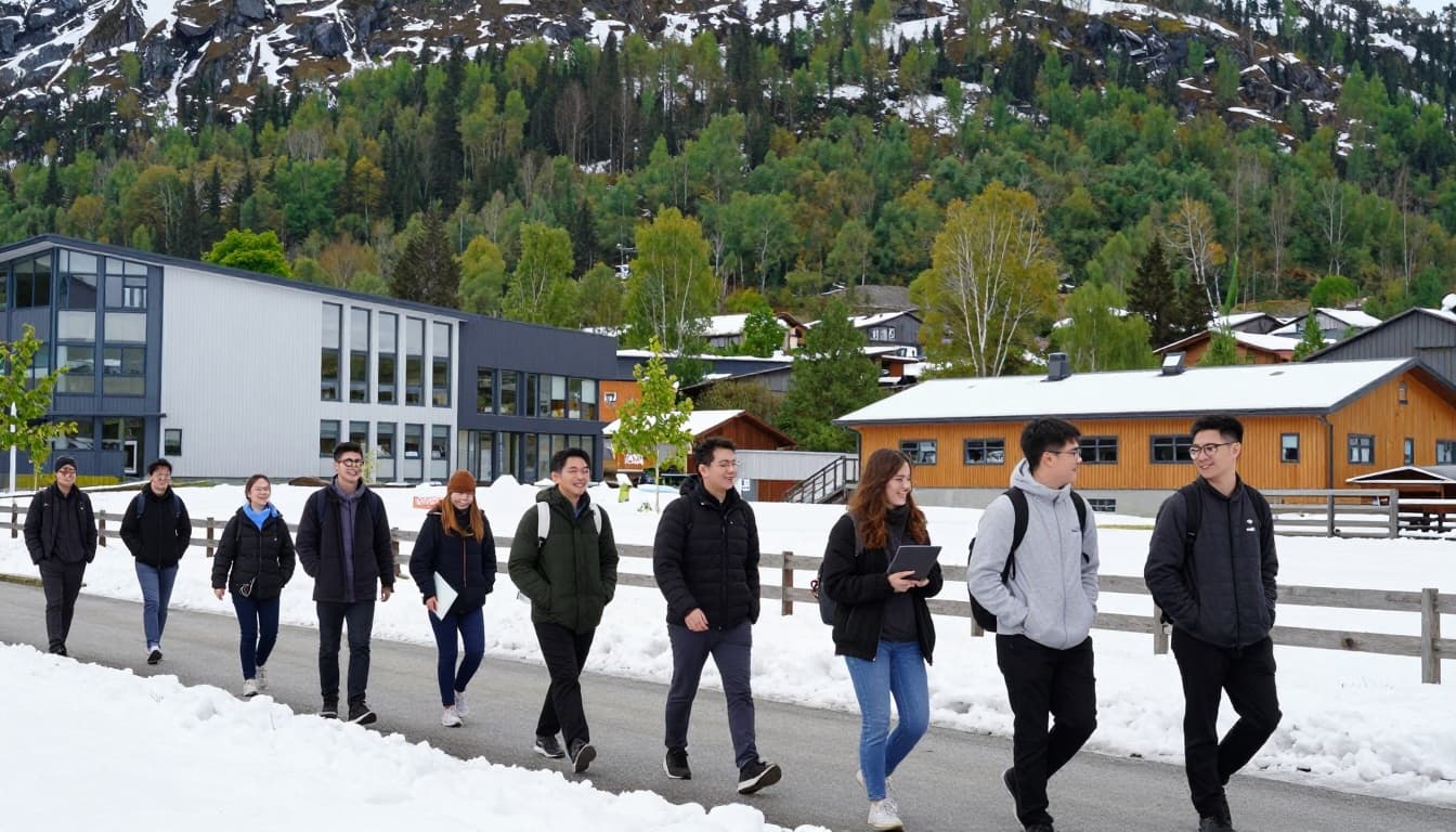 Norwegian Universities of Life Sciences for Students 4 Group of joyful international students from diverse nationalities walking on NMBU campus in Ås, Norway, near veterinary hospital with modern architecture blending into natural woods, backpacks and laptops in hand, vibrant winter or summer scene.