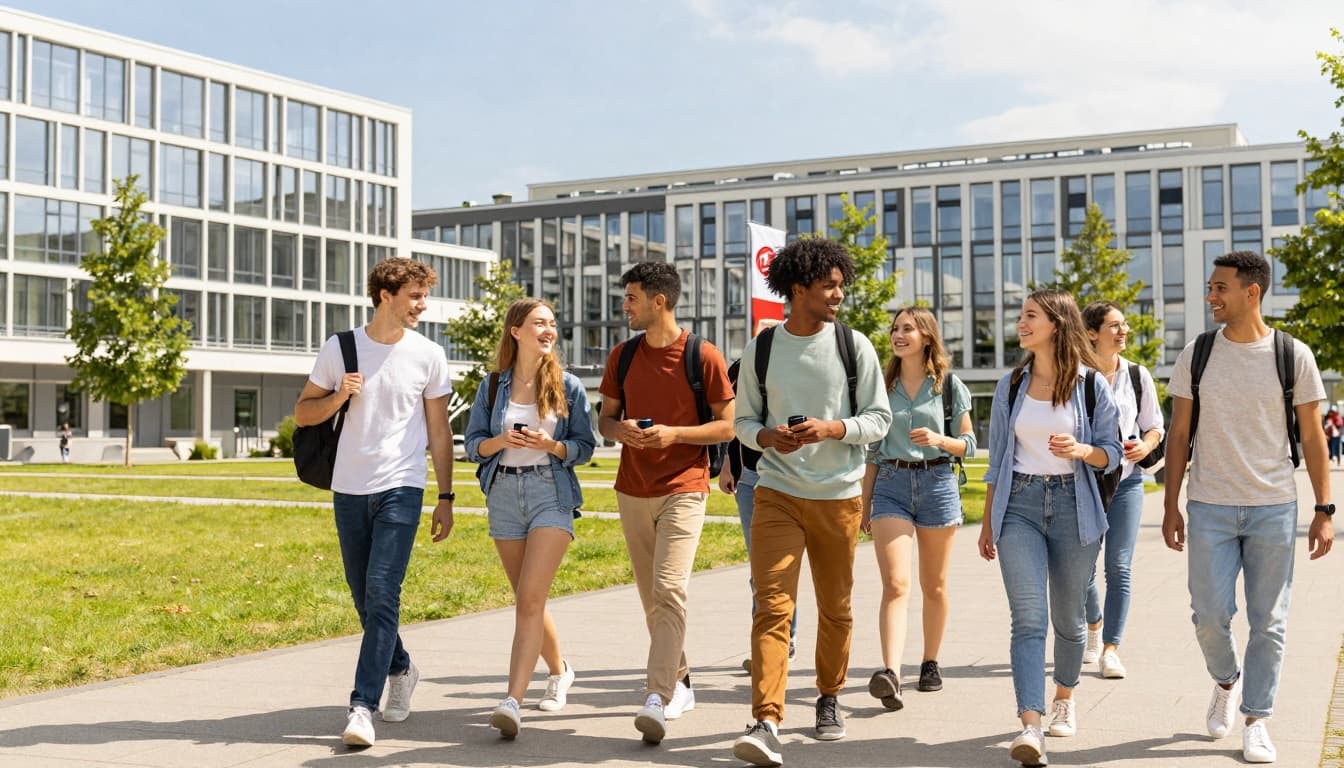 study abroad TU Darmstadt: vibrant scene of diverse international students chatting and laughing while walking on the TU Darmstadt campus in Darmstadt, Germany, surrounded by modern buildings, green lawns, and trees under a clear blue sky.