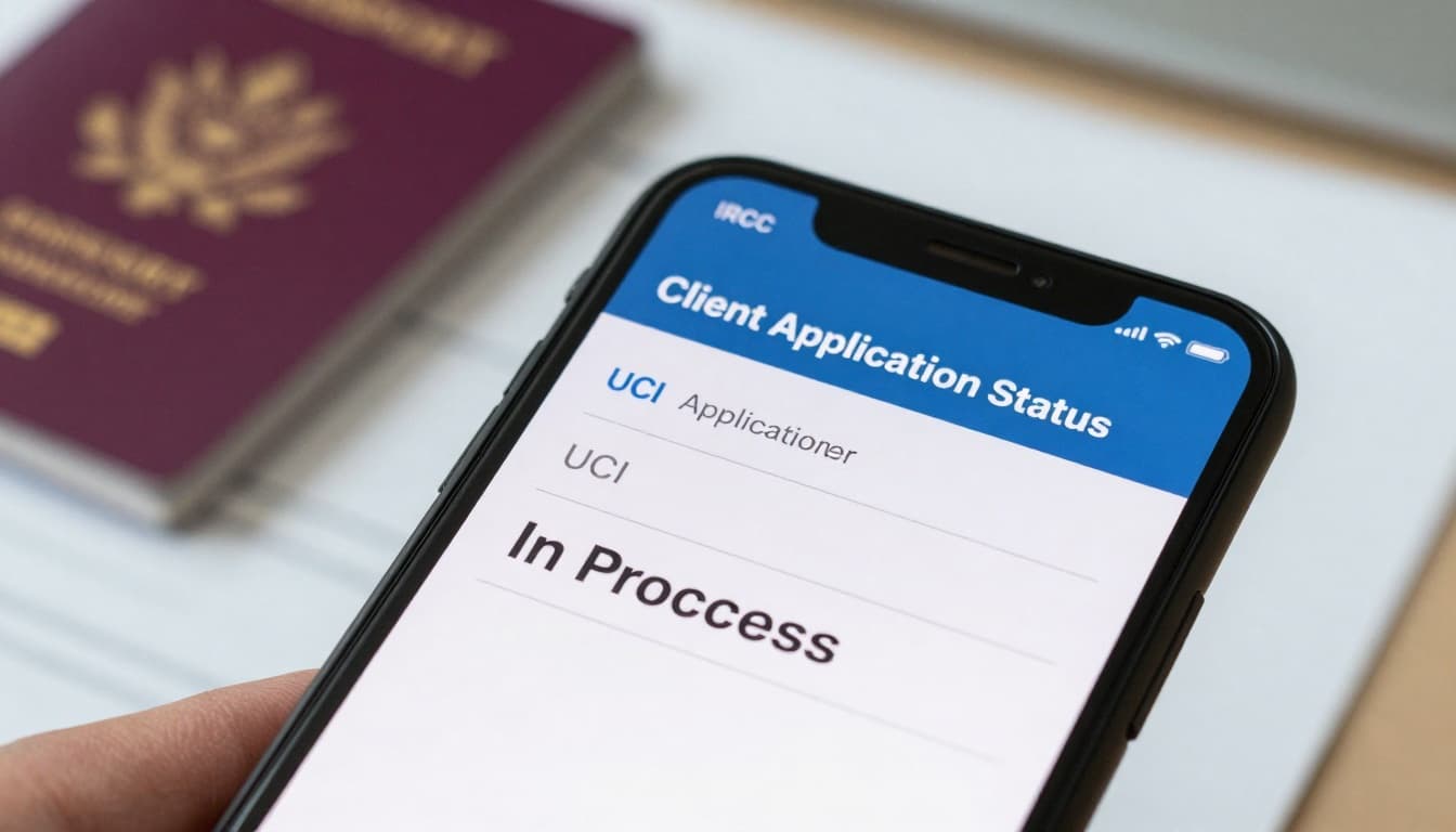 Canada Visa Application Status Check Online: Complete Guide 7 Close-up of a smartphone screen displaying the Client Application Status tool for IRCC, with fields for UCI and application number entered, showing 'In Process' status. Background blurred office desk with passport and documents.