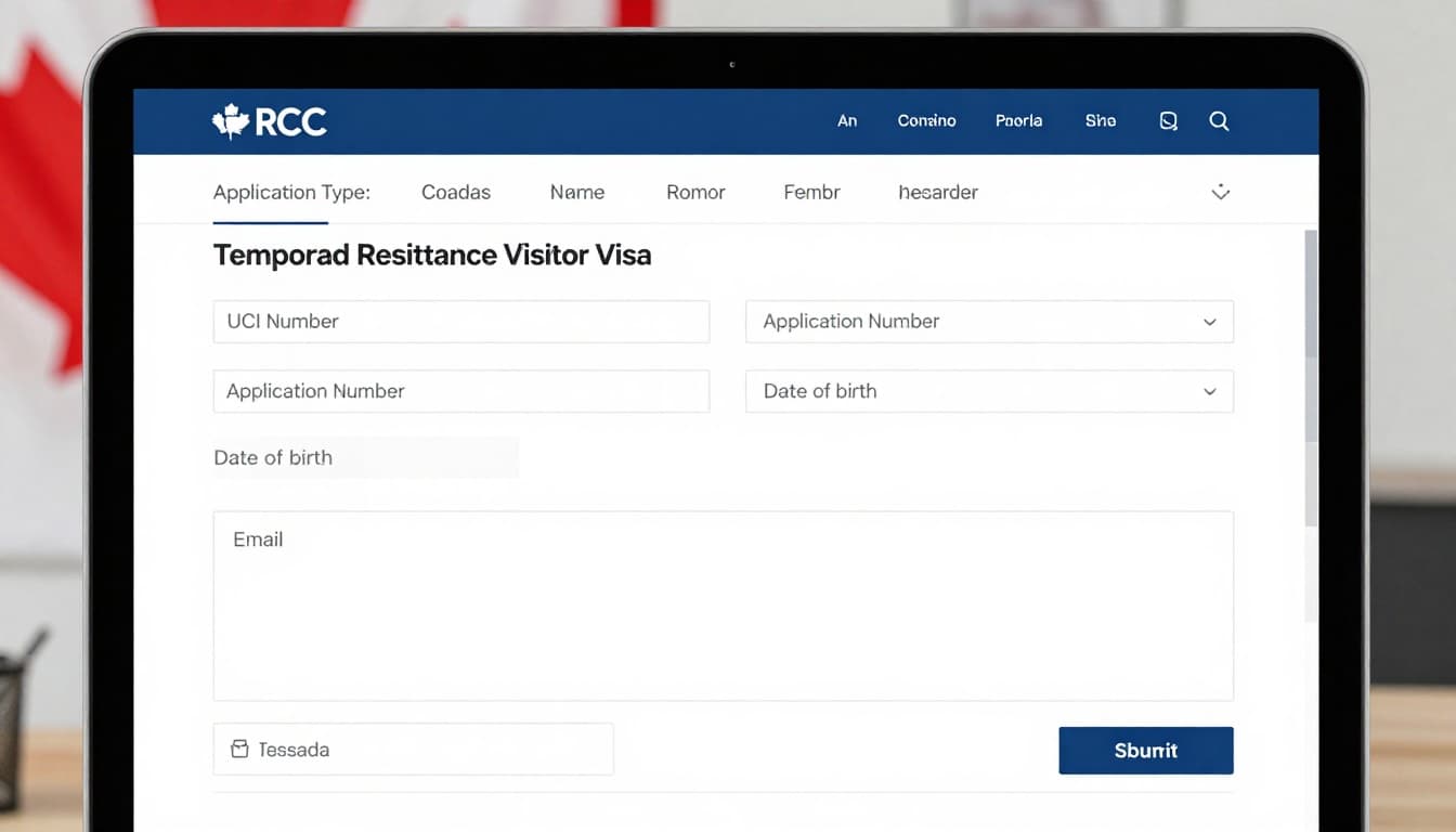 Realistic screenshot-style image of the official IRCC Canada web form for Temporary Residence Visitor Visa, showing partially filled fields for UCI number, application number, name, date of birth, email, message, file upload, and submit button in a clean blue and white government design.