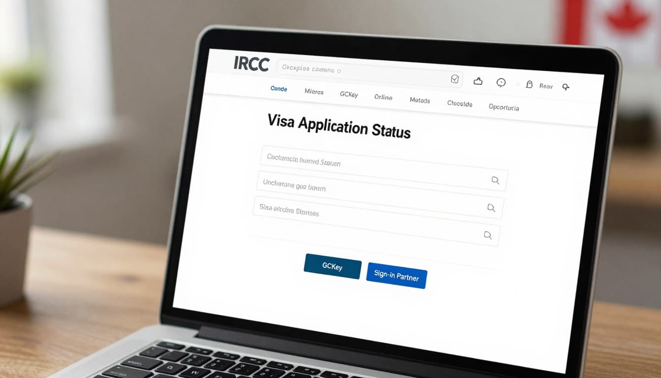 Canada Visa Application Status: IRCC ToolsI, CAS, Trackers 2 A realistic, photorealistic screenshot-style image of the IRCC online portal login page for checking Canadian visa application status, featuring GCKey and Sign-in Partner buttons, detailed UI elements, on a laptop in a home office with natural lighting and a subtle Canadian flag.