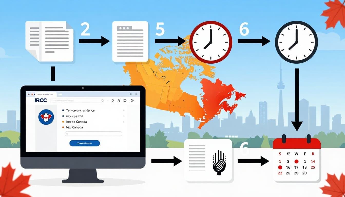Work Permit Canada Processing Time: Latest Updates 2 Detailed infographic-style illustration depicting the steps to check IRCC work permit processing times on their website, including icons for computer interface, Canada map splits, documents, biometrics, and timelines in a clean vector style.
