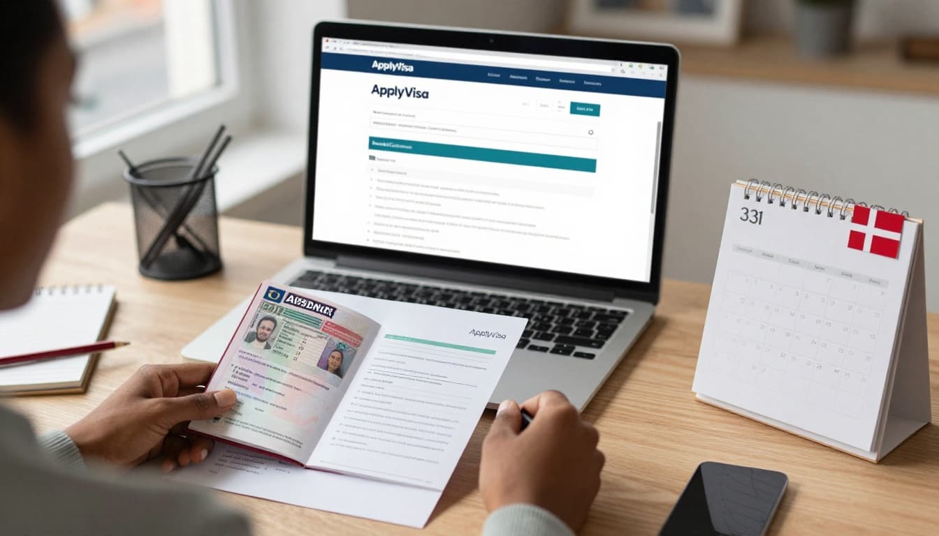 A detailed realistic photograph of a diverse person in a cozy home office in Ireland preparing Denmark visa application documents at a desk, featuring an open passport with Irish residence stamp, printed visa forms from ApplyVisa on screen, Danish flag pin, calendar for 2026 trip dates, and window view of Dublin street under warm natural light.