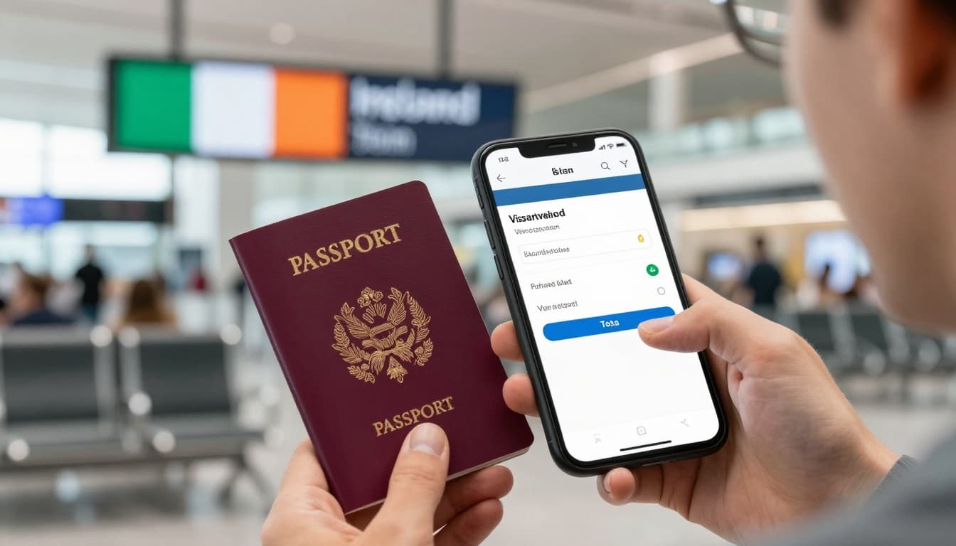 A person holds a passport while checking their smartphone for Ireland visa status in a modern airport waiting area, displaying approval notifications and Ireland signage in natural daylight.