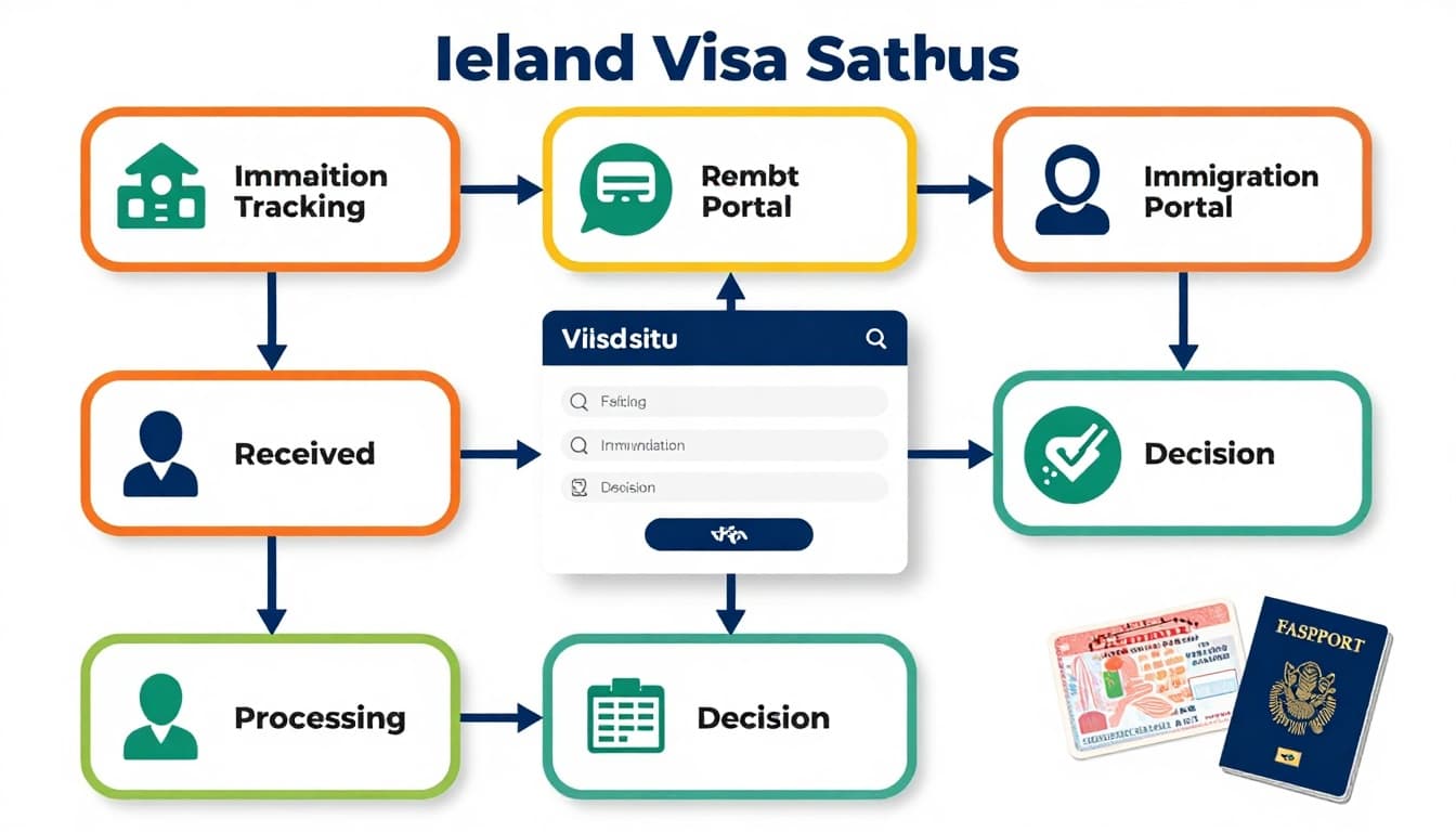 Detailed illustration of the step-by-step process flowchart for checking Ireland visa status, featuring icons for submission, VFS tracking, immigration portal login, and status updates like received, processing, and decision, with Irish passport and visa stamp elements in a clean infographic style.