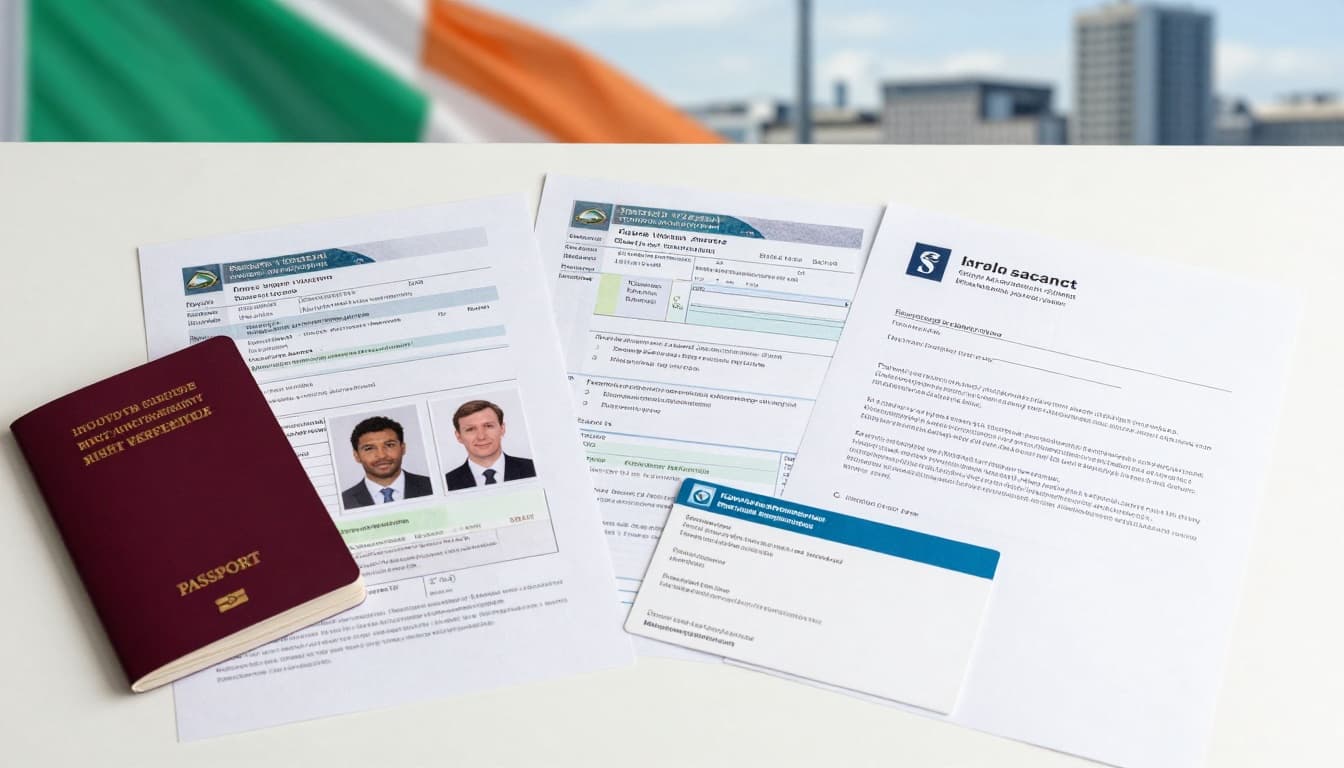 Irish Visa Application Requirements 2026: Your Complete Guide to Approval 2 A top-down view of a cluttered professional workspace desk featuring essential documents for an Irish visa application, including an open passport, visa form, passport photos, bank statements, flight itinerary, health insurance, invitation letter, and employment letter, with a blurred Irish flag and Dublin skyline in the background.