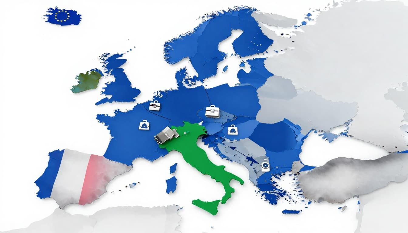 Photorealistic infographic of a European map highlighting Italy in green, with arrows to neighboring Schengen countries like Germany, France, and Austria, featuring job opportunity icons in a blue and white EU flag color scheme.