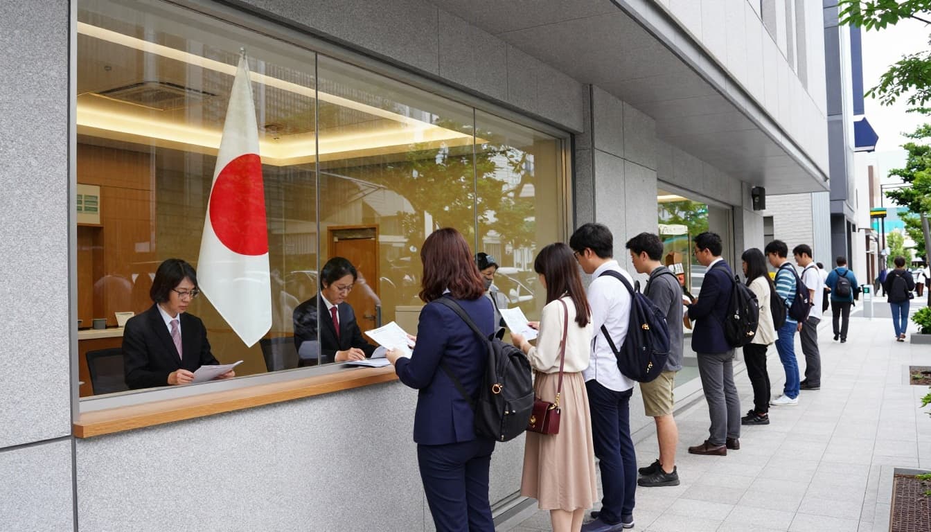 Photorealistic daytime landscape of a modern Japanese embassy exterior in Tokyo, featuring a line of diverse international travelers waiting or submitting visa documents at the counter. Japanese flag flies nearby, staff visible through glass, people with passports amid busy urban street.