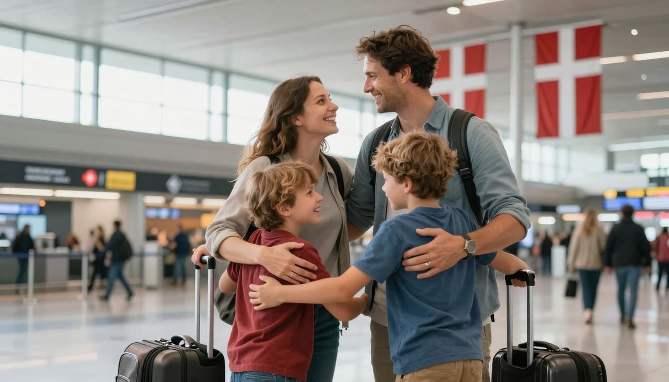 A happy family of four reunites at Copenhagen Airport in Denmark, with parents hugging their children surrounded by suitcases in bright daylight and the terminal featuring Danish flags in the background.