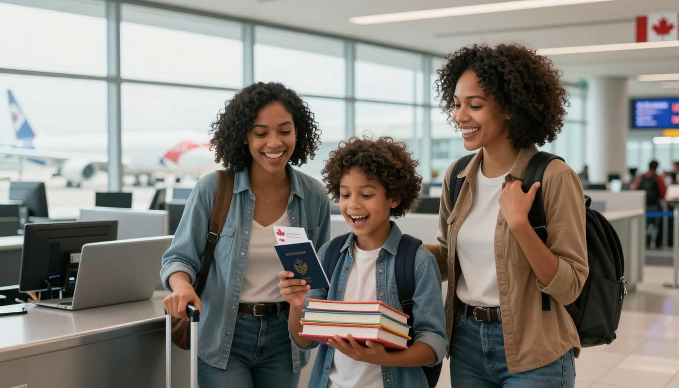 A joyful multiracial family with parents and a 10-year-old child stands at an airport check-in counter, the child holding a passport and school books, all smiling in excitement for their trip to Canada. The background shows a bustling airport terminal with airplanes visible through large windows and subtle Canadian maple leaf elements.