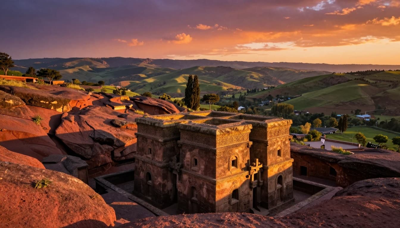 Stunning landscape view of the ancient rock-hewn churches of Lalibela in Ethiopia during a golden sunset, with intricate carved stone facades and crosses emerging from red earth cliffs. Rolling green hills and distant mountains fill the background under a vibrant orange and purple sky.