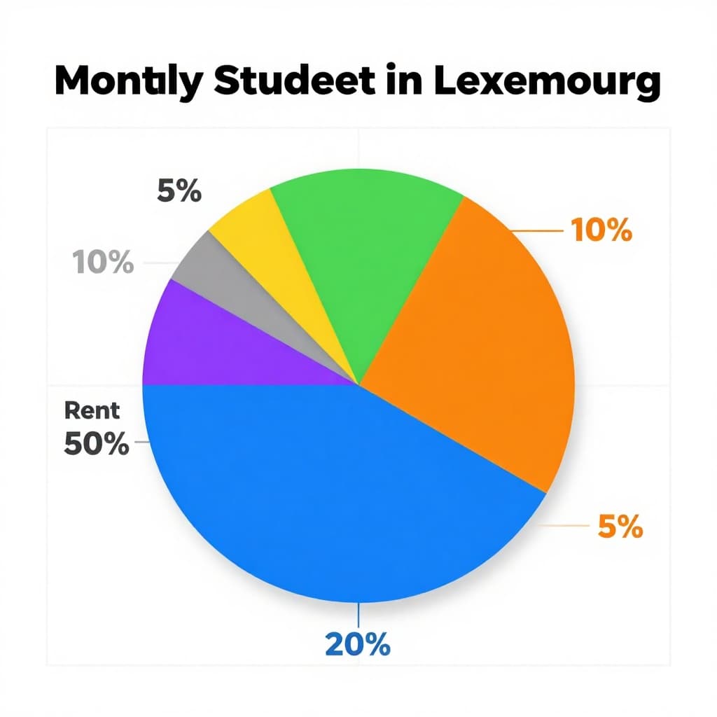 Professional pie chart infographic showing typical monthly student budget in Luxembourg: rent 50%, food 20%, health insurance 10%, books 5%, leisure 10%, savings 5%. Clean flat design with vibrant colors on white background.