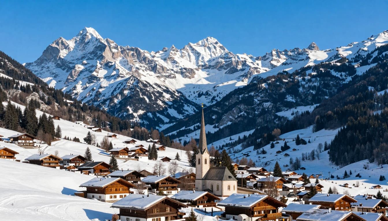 Snow-capped peaks tower over a picturesque valley featuring a cozy alpine village with chalets and church steeple, evergreen forests on hillsides, under a crystal-clear blue sky with warm sunlight casting soft shadows.