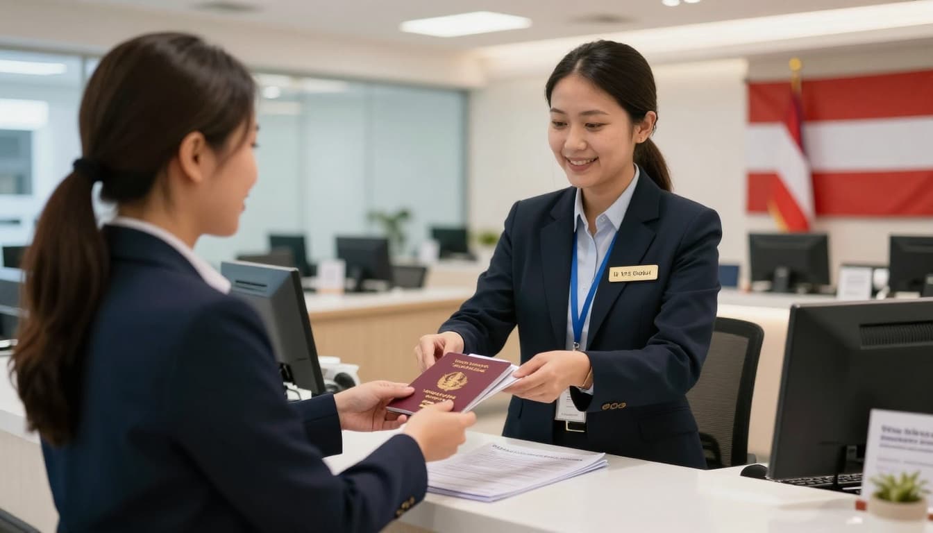 A professional Malaysian traveler in business attire stands at a modern VFS Global visa application center counter in Kuala Lumpur, handing passport and documents to a visa officer amid bright lighting and a welcoming atmosphere, with blurred Austrian flag in the background.